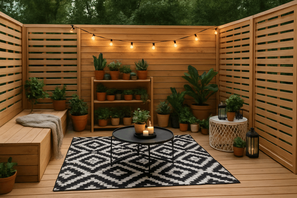 Light wood patio with round coffee table, corner bench, black and white geometric rug, potted plants and string lights.